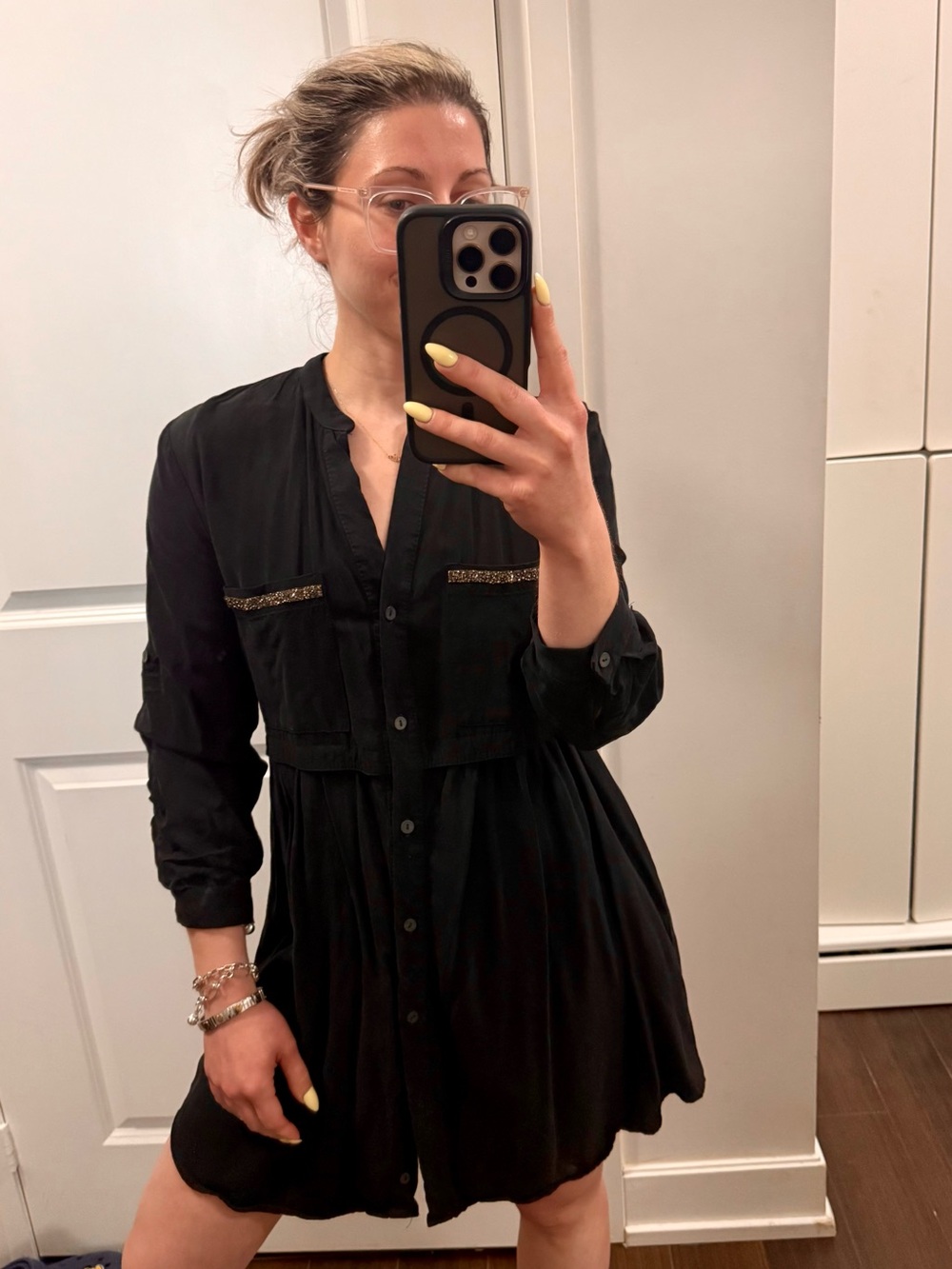 Zara Black Button-Front Long Sleeve Dress